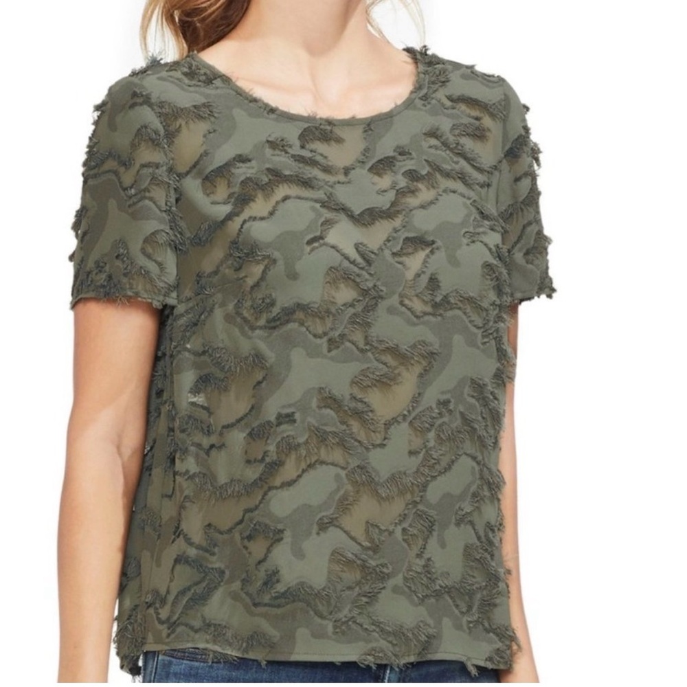 Vince Camuto Olive Green Textured Fringe Top PM